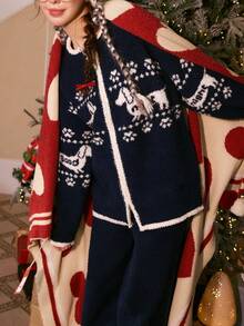 Gongdie 2pcs/Set Women's Christmas Fleece Pajama Set, Winter Navy Blue Fair Isle Pattern Warm Loungewear With Contrast Design And Pockets - Royal Blue - View 7