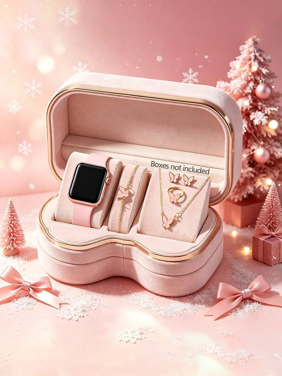 Fashionable Minimalist Square LED Electronic Watch With Butterfly Bracelet, Necklace, Ring And Earring Set, Children's Holiday Gift, Christmas Favorite - Multicolor - View 1