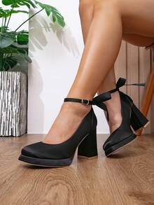 New Fashion Party Style Autumn Shoes Black Satin Ribbon Single Strap Bow Thick Sole Chunky Heel High Heels For Women - Black - View 5