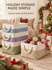 Modern Rectangular Foldable Fabric Storage Box With Contrast Color Panels, Reinforced Edges And Rope Handles, Stackable Organizer Bin For Clothes, Toys And Holiday Supplies, Suitable For Christmas Party, Living Room, Bedroom, Nursery And Winter Home Use - Multicolor - View 2