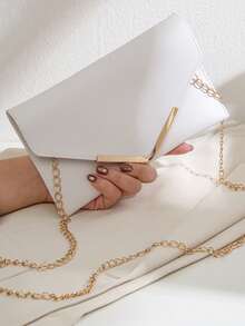 Dedoo Women's Envelope Clutch Bag, Solid White, Faux Leather,Gold Metal Trim Detachable Chain StrapElegant Luxury StyleFor WeddingPartyDate Evening Events - White - View 5