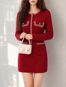 Women's Red Knitted Mini Sweater Dress, With Pockets, Long Sleeve Pencil Skirt Design, Fashionable Winter Slim Fit Style - Red - View 4