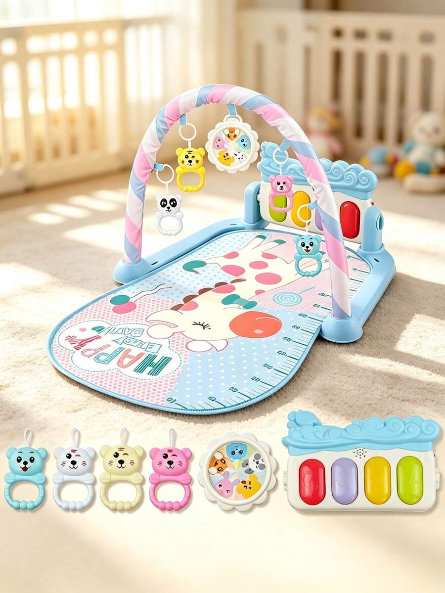 Gimnasio de juegos para bebés con piano desmontable, alfombra musical suave, incluye 5 juguetes colgantes, tapete interactivo para bebés 0-36 meses, ideal para practicar posición boca abajo