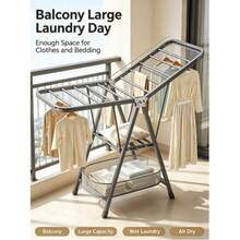 Foldable 2-Tier Metal Clothes Drying Rack With Concealed Wheels, Large 140 Cm Freestanding Laundry Dryer, Space-Saving Flat-Folding Design, Durable Grey Indoor/Balcony Dryer For Apartments, Dorms, And Homes - 140*45*90cm - View 4