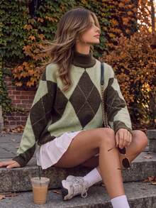 Women's Fall Y2K Argyle Knit Sweater, Half Turtleneck Long Sleeve Loose Preppy Pullover For Daily Campus Streetwear - Multicolor - View 9