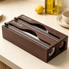 2 In 1 Wooden Cling Film Cutter, Drawer-Style Foil & Baking Wax Paper Storage Box With Built-In Sliding Blade, Smooth & Neat Cutting, No Tearing, Bamboo Texture, Fits Directly Into Kitchen Drawer, Space-Saving - Brown - View 2