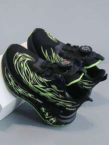 1 Pair Kids Rotating Buckle Sports Shoes, Fluorescent Green Flame Mesh Lightweight Non-Slip Running Shoes For Mid-To-Large Children, Spring/Autumn - Black - View 2