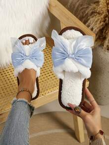 Women's Fuzzy Bowknot Slippers, Soft Plush Indoor House Shoes For Winter - Blue - View 2