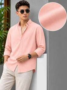 Men's Slim-Fit Casual Long-Sleeve Button-Up Shirt - Soft Textured Cotton-Linen Blend Breathable Shirt For Modern Smart-Casual & Everyday Wear - Pink - View 5