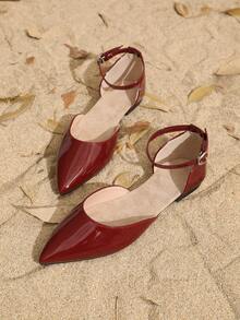 Women's Pointed Toe Hollow Out Flat Shoes - Burgundy - View 1