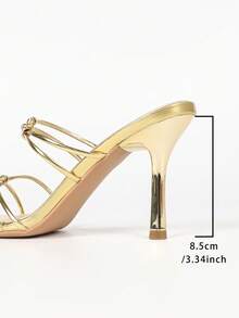 Women Metallic Gold Square Open Toe Heeled Sandals, Thin Straps Rhinestone Decor Stiletto Slip-On Party Mules - Gold - View 7