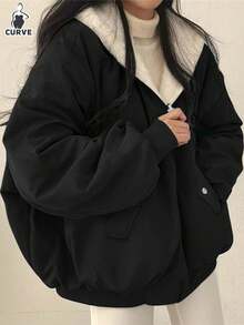 Plus Size Women Autumn/Winter Double-Sided Wearable Lamb Fleece Jacket Plus Size Silhouette Slimming Casual Versatile Cargo Style Style Warm Two-Way Jacket Top - Black and White - View 5