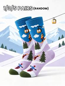 1/3/5 Pairs Ski Theme Mid-Calf Socks, Fresh Snow Mountain Print, Comfortable Fabric, Winter Skiing Outfit Essential - Multicolor - View 8