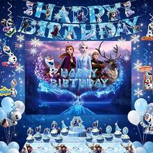 Disney Frozen Birthday Party Decoration Kit, Elsa Anna Olaf Cartoon Banner Table Cover Dessert Picks Set, Ideal For Birthday Celebration, Halloween, Xmas, New Year Party Decorations - Multicolor - View 1
