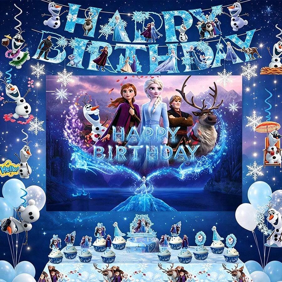 Disney Frozen Birthday Party Decoration Kit, Elsa Anna Olaf Cartoon Banner Table Cover Dessert Picks Set, Ideal For Birthday Celebration, Halloween, Xmas, New Year Party Decorations - Multicolor - View 1