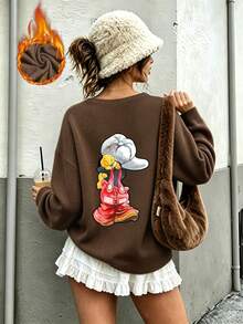 Plus-Size Women's Casual Round Neck Faux Knit Sweater, Cute Cartoon Print, Fashionable And Versatile Women's Top For Autumn And Winter. - Brown - View 4
