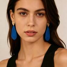 Gold Textured Stud Earrings With Light Blue Teardrop Long Dangle, Concentric Circle Pattern Matte Exaggerated Drop Earrings For Women - Multicolor - View 12
