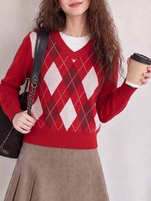Women's Winter Casual Minimalist V-Neck Pullover Sweater With Retro Argyle Pattern - Red - View 1
