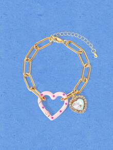 Popjeli 1pc Fashionable Cute Geometric Colorful Enamel 3D Heart Charm Adjustable Stainless Steel Chain Bracelet - Oil-dripping Heart Chain Bracelet - View 13