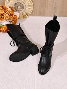 Women's Faux Soft Leather Tall Boots, Round Toe Flat Heel Front Lace-Up Design Ruched Shaft Black Straight Leg Fashion Boots - Black - View 3