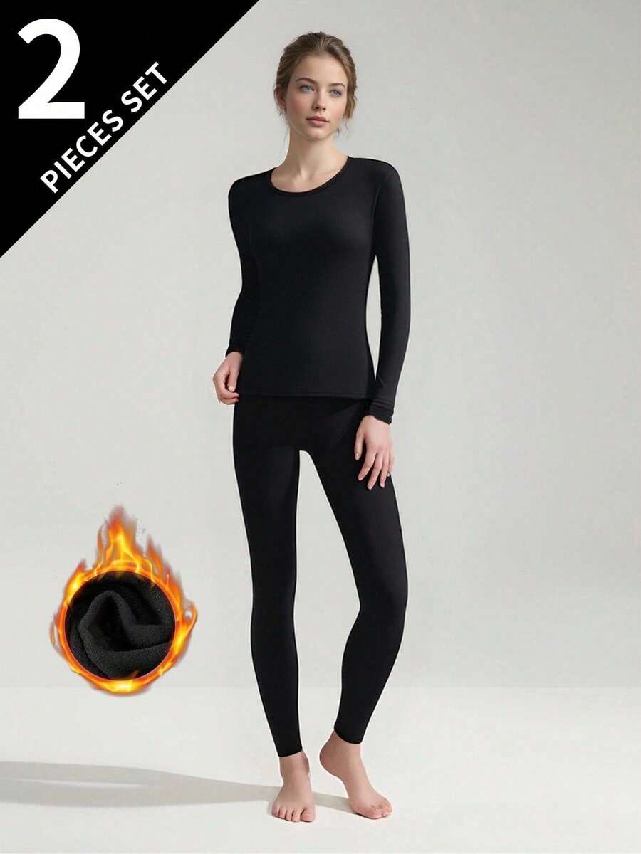 2pcs Women Thermal Underwear Set, Round Neck Top + Pants, Tight Fit Base Layer For Autumn/Winter - Black - View 1