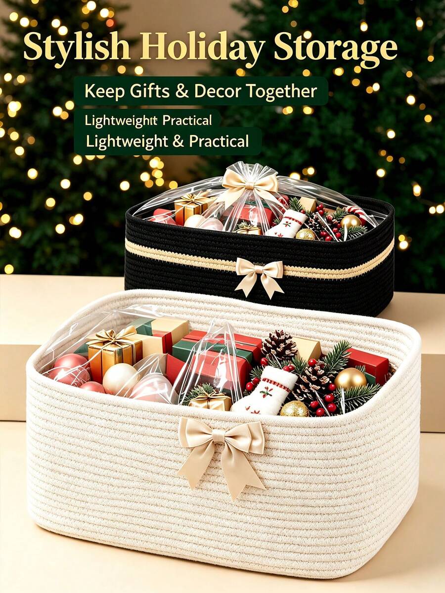 Woven Cotton Rope Storage Basket, Christmas Gift Basket, Storage Box, Handheld Basket, Square Decorative Gift Basket, Portable Storage Basket; Suitable For Holiday And Christmas Gifting. - Multicolor - View 1