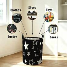 Ember Penyimpanan Kain Lipat Motif Bintang Klasik Gelap, Keranjang Cucian Portabel dengan Pegangan dan Motif Mesin Cuci Handuk untuk Dekorasi Rumah, Kamar Mandi, dan Ruang Cuci. - Hitam - View 9