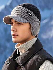 Men's Winter Knit Hat | Color Block Hat With Ear Flaps - Street Style, Slight Stretch, With Sun Visor - Warm Hat Suitable For Outdoor Travel - Hat - View 3