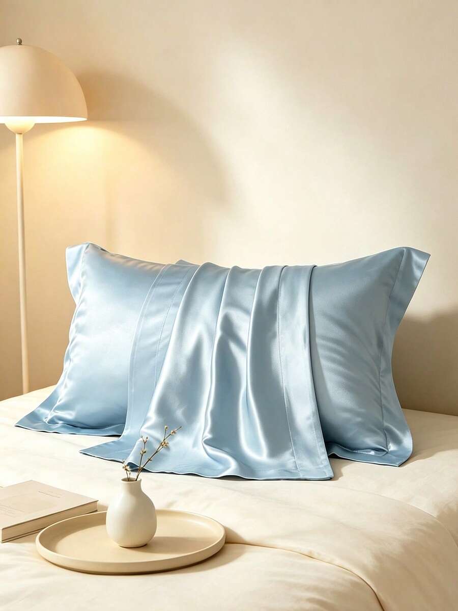 1 pieza, unicolor, Suave y transpirable, Funda de almohada decorativa con ribete de satén (Inserto de almohada no incluido), Por favor compre de acuerdo al tamaño de la almohada - Azul - Ver 1