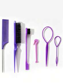 6/3/1pc Purple Hair Styling Tool Set, Includes Rat Tail Comb, Styling Comb And 2pcs French Braid Tools, Suitable For Braiding And DIY Styling, Essential For Salon, Makeup Travel And Back To School Season - Multicolor - View 7
