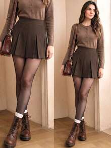 Women's Plus Size Pleated A-Line Mini Skirt, Woven Non-Stretch Fabric, Elegant Autumn Fashion - Brown - View 2