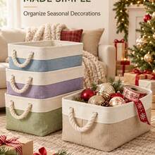 Modern Rectangular Foldable Fabric Storage Box With Contrast Color Panels, Reinforced Edges And Rope Handles, Stackable Organizer Bin For Clothes, Toys And Holiday Supplies, Suitable For Christmas Party, Living Room, Bedroom, Nursery And Winter Home Use - Multicolor - View 3