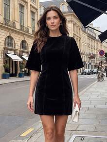 Women Velvet Mini Dress Crew Neck Short Sleeve Elegant Fall Outfits For Daily Commuting Going Out Dating - Black - View 1