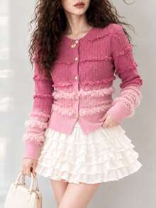 Women's Autumn/Winter Casual Elegant Gradient Design Frayed Hem Cardigan Sweater - Pink - View 4