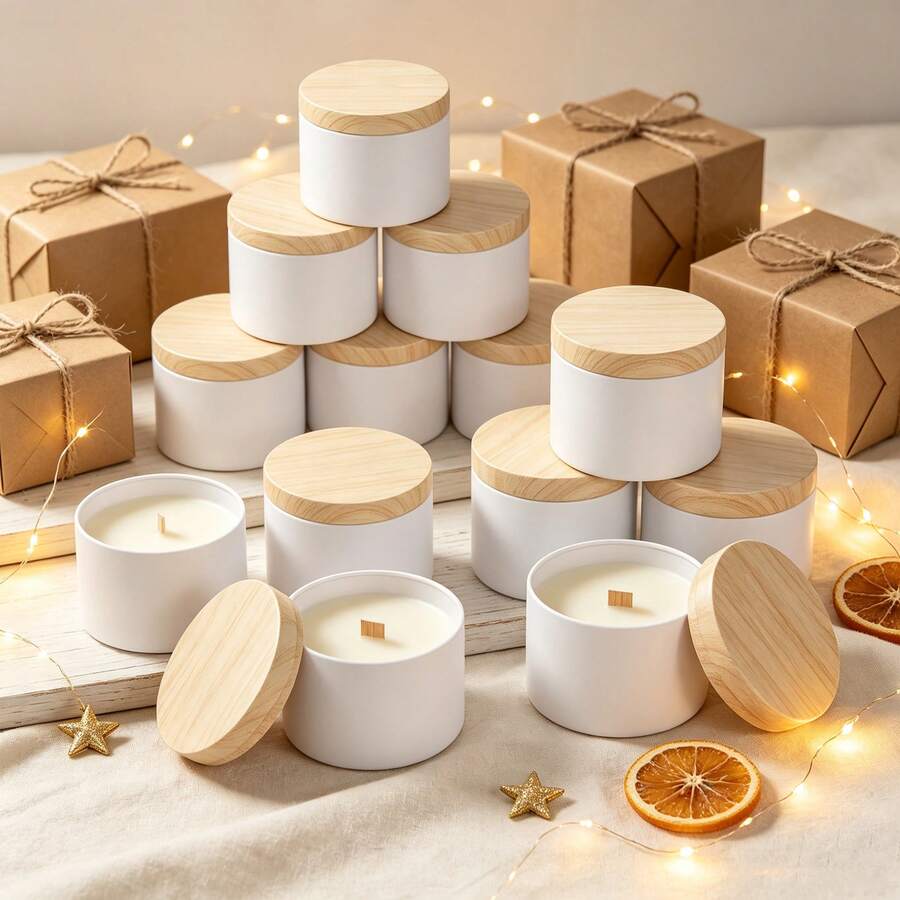 62pcs DIY Candle Making Kit, 12pcs 4oz White Empty Candle Jars With Wood Grain Lids, Includes 22pcs Candle Wicks, 22pcs Wick Stickers, 6pcs Wick Holders, Handmade Candle Craft And Storage Containers - 62pcs/set - View 1