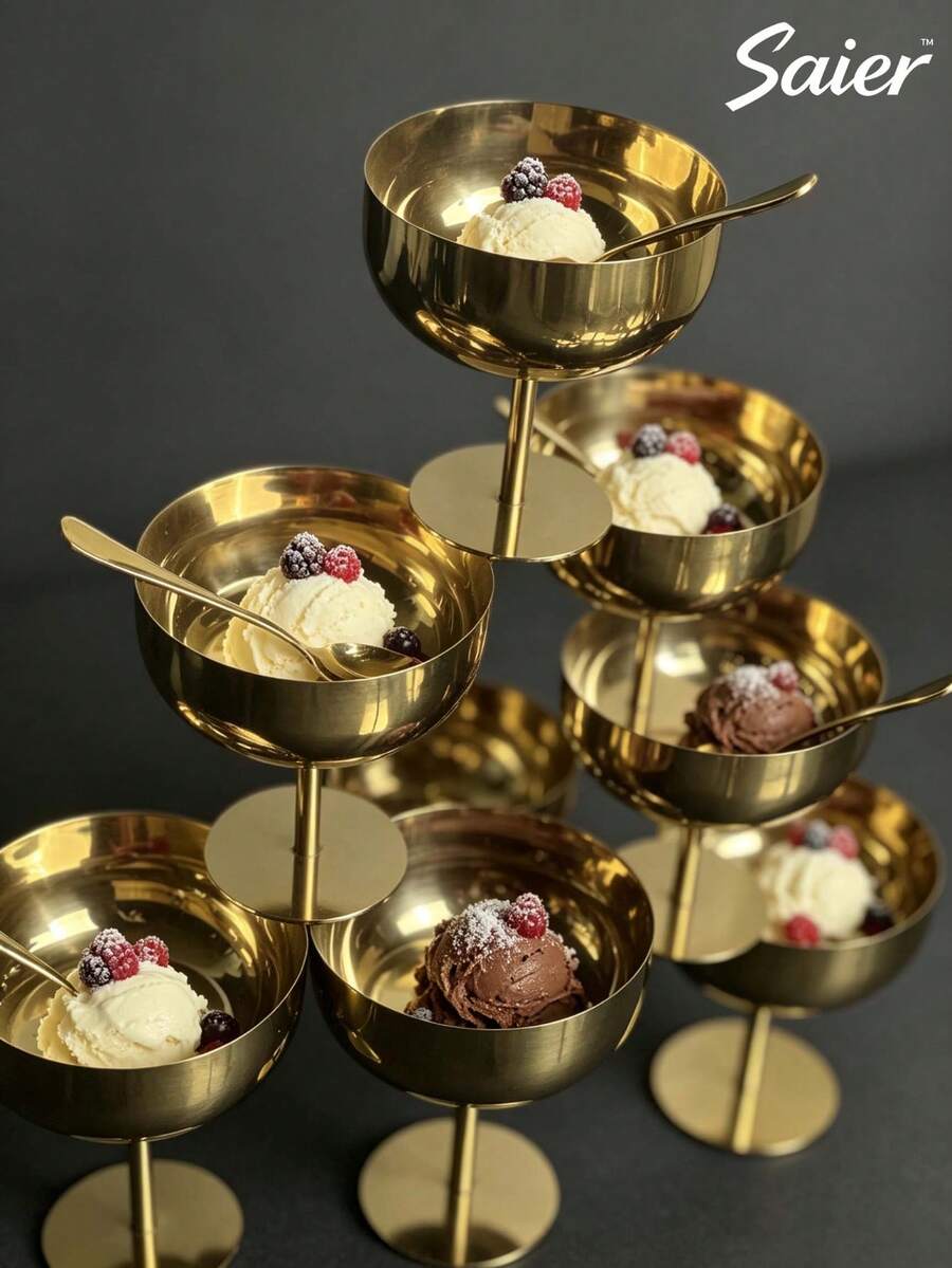 Gold Stainless Steel Dessert Cup With Spoon, Round Base Pudding Tray/Salad Fruit Yogurt Snack Candy Dish, Space-Saving Stackable Convenient Storage, Party/Ramadan/Afternoon Tea Special High-Foot Ice Cream Cup, Yogurt Pudding Bowl, Anti-Drop Premium Tableware Set. - Multicolor - View 1