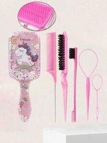 1/6件裝 卡通魔法防靜電獨角獸按摩梳，兒童洗澡按摩梳，沙龍美髮配件，適合青少年，適合長髮 - 粉色 - 查看 2