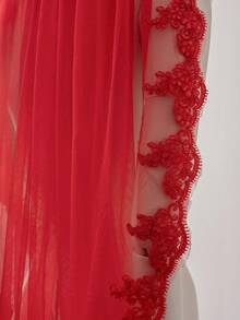 1 Pc Red Wedding Veil Lace Applique Fingertip Length Bridal Veil With Comb For Theme Wedding Halloween Costumes - Multicolor - View 8