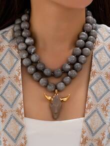 OABE 2pcs/Set Western Cowboy Style Grey Spherical Bead Necklace Set With Grey Bull Head Pendant, Suitable For Women's Daily Wear - Grey - View 2