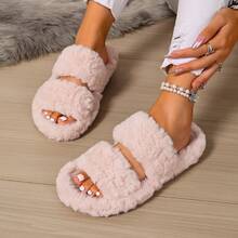 New Open Toe Double Strap Thermal Lined Thermal Slippers, Fashionable Warm Home & Outdoor Wear Autumn/Winter - Pink - View 3
