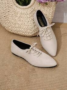 Women's Vintage Soft Minimalist Lace-Up Solid Color Pointed Toe Flat Shoes - Beige - View 3