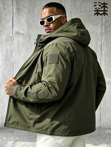mulinsen Men's Outdoor Tactical Hooded Jacket, Multiple Zipper Pockets, Hook And Loop Decor, Windproof & Wear-Resistant Workwear Jacket - Army Green - View 5