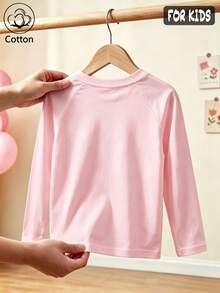 Kids Cute Casual Long Sleeve T-Shirt, Round Neck Loose Fit With Cartoon Cat & Orange Flower Print, Pink Base For Spring Autumn Daily Wear - Baby Pink - View 4
