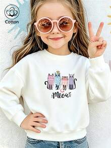 سويت شيرت أطفال بقصة واسعة وياقة دائرية، مطبوع عليه رسمة قطة ملونة وكلمة "Meow"، مناسب للارتداء اليومي في فصلي الربيع والخريف - أبيض - مشاهدة 10
