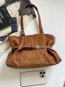 Women's Soft Tote Shoulder Bag, Metal Buckle Belt Decor Adjustable Strap Casual Large Capacity Handbag - Brown - View 10