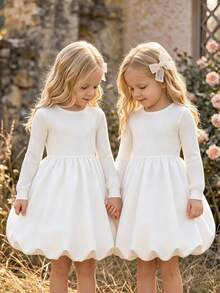 Girls White Round Neck Ribbed Long Sleeve Knit Patchwork Puff Hem Lantern Dress, Simple Cute Princess Style Young Girl Outfit - White - View 10