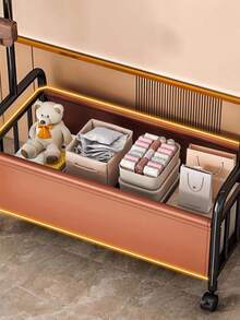 Heavy Duty Movable Metal Clothes Rack With Universal Casters, Garment Stand With Multi Side Hooks & Large Bottom Storage Bin, Comes With Free Wooden Hangers, Multi-Function Clothing Storage Organizer For Household Use. - Brown - View 9