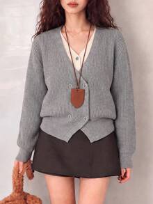 Women's Knit V-Neck Long Sleeve Cardigan 2-In-1 Short Vintage Grey Layered Sweater Top, Suitable For Winter Fashion Outfit - Grey - View 3