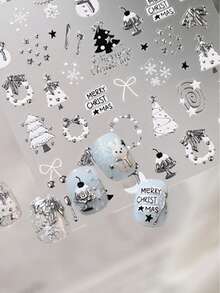 1 Sheet Gold Silver Christmas 3D Nail Art Stickers, Cute Festive Snowflake, Bow, Tree, Reindeer Decals For Winter Holiday Manicure DIY Decoration - Silver - View 7