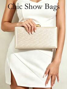 Women's Evening Clutch Bag, Subtle Plaid Jacquard Pattern, Shiny Synthetic Fabric, Gold Metal Frame Clasp, Hard Shell, Elegant Luxury Style, Wedding Party Ball - Champagne - View 5
